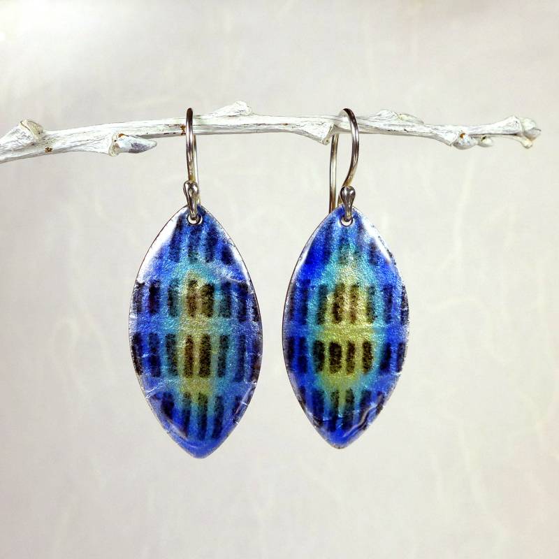 Marquis Form Ohrhänger in Blau Grün Gelb Schwarz Emaille Über Feine Silberfolie Und Kupfer Mit Sterling Silber Ohrhaken, Boho-Stil Schmuck von RebeccaOlmstedDesign