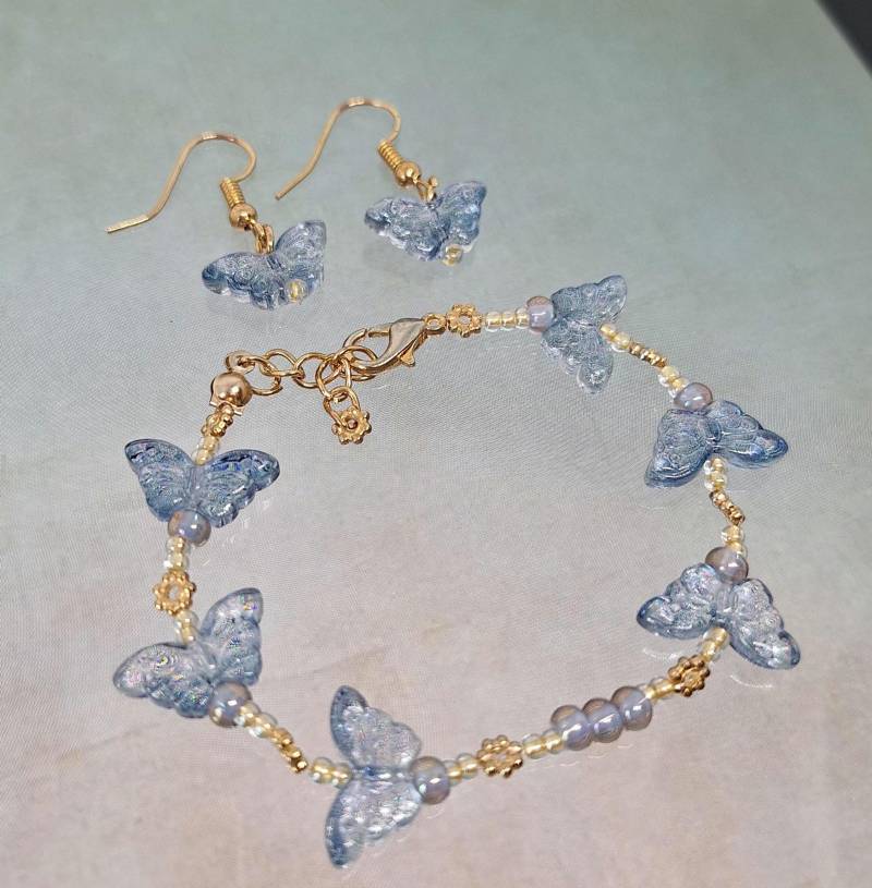 Set- Perlenarmband & Ohrringe-Schmetterling | Set - Pearl Bracelet & Earrings-Butterfly von RebeccasZeug