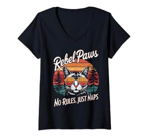 Damen Retro Katze mit Sonnenbrille Lustig T-Shirt mit V-Ausschnitt Damen Retro Katze mit Sonnenbrille Lustig T-Shirt mit V-Ausschnitt von Rebel Cat Owner Cat Paw Lover Apparel