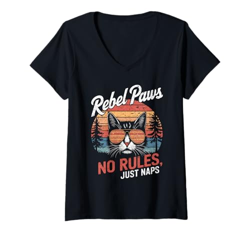 Damen Katze mit Sonnenbrille und Sunset Vibes T-Shirt mit V-Ausschnitt von Rebel Cat Owner Paw Lover Apparel