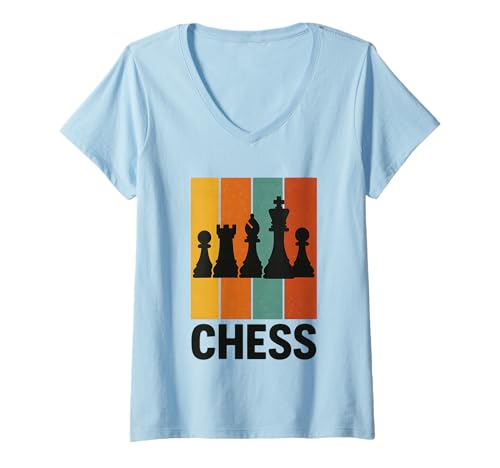 Damen Retro Schachfiguren Vintage Brettspiel Spieler T-Shirt mit V-Ausschnitt von Rebel Chess Co.