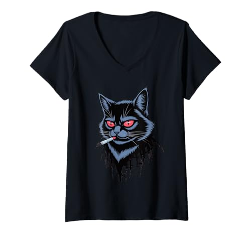 Damen Lustiger Spruch Rauchende Katze Rote Augen Grunge Attitude Damen Herren T-Shirt mit V-Ausschnitt von Rebel Feline Humor Gothic Indie Punk Streetwear
