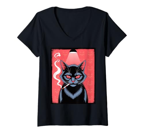 Damen Lustiger Spruch Rauchende Katze Rote Augen Grunge Attitude Damen Herren T-Shirt mit V-Ausschnitt Damen Lustiger Spruch Rauchende Katze Rote Augen Grunge Attitude Damen Herren T-Shirt mit V-Ausschnitt von Rebel Feline Humor Gothic Indie Punk Streetwear