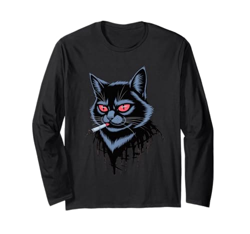 Lustiger Spruch Rauchende Katze Rote Augen Grunge Attitude Damen Herren Langarmshirt von Rebel Feline Humor Gothic Indie Punk Streetwear