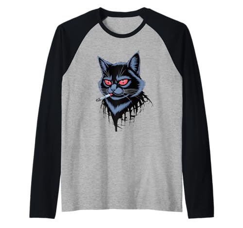 Lustiger Spruch Rauchende Katze Rote Augen Grunge Attitude Damen Herren Raglan von Rebel Feline Humor Gothic Indie Punk Streetwear
