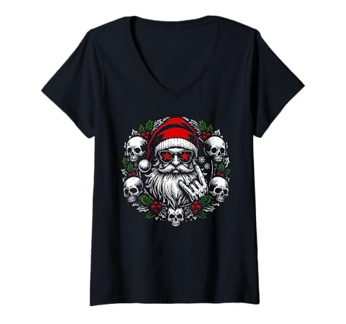 Damen Rock & Roll Weihnachtsmann Gruseliger Kranz Gothic Weihnachten T-Shirt mit V-Ausschnitt von Rebel Metal Music Lover Edgy XMAS Headbanger