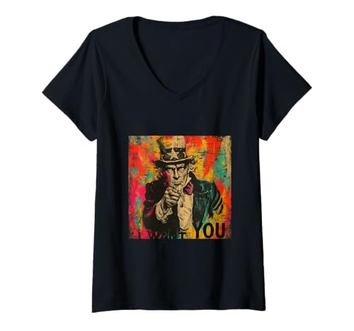 Damen Uncle Sam Graffiti Street Art Patriotischer Pop Urban Style T-Shirt mit V-Ausschnitt Damen Uncle Sam Graffiti Street Art Patriotischer Pop Urban Style T-Shirt mit V-Ausschnitt von Rebel Pop Culture