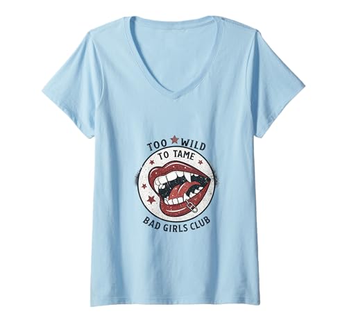 Damen Too Wild To Tame Vampire Lips, Retro-Pop-Art-Stil T-Shirt mit V-Ausschnitt Damen Too Wild To Tame Vampire Lips, Retro-Pop-Art-Stil T-Shirt mit V-Ausschnitt von Rebel Vibe Designs