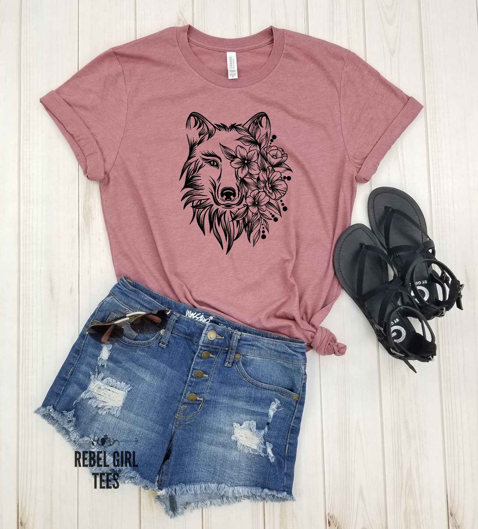 Wolf Gesicht Floral - Shirt, Outdoor Heulender Geschenk, Grauer Shirts, Geschenk Für Mädchen, Sie, Tierliebhaber von RebelGirlTees