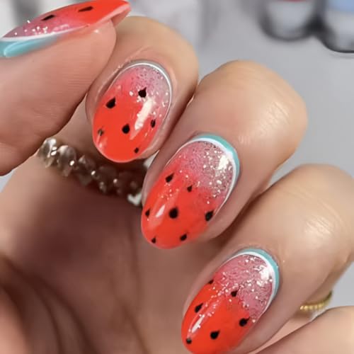 24 Pcs Mandelpresse Auf Nägeln Wassermelonen Französische Spitzen Gefälschte Acryl Falsche Künstliche Klebstoffe Für Frauen Acrylkleser Nagel Für Frauen Klar von Rebellious