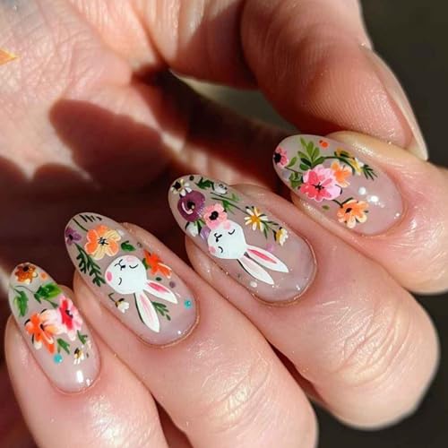 24pcs Osterpresse An Nägeln Hochglänzende Acryl Falsche Nägel Mit Blumenmuster Für Frauen Und Mädchen Maniküre Büro Tragen Nagel von Rebellious