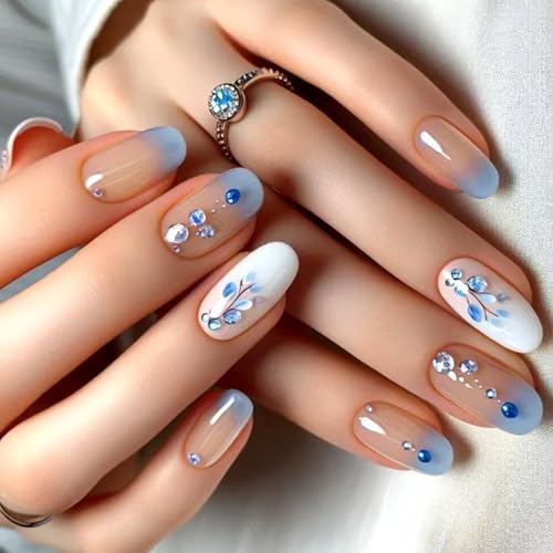 24pcs Press Auf Nägeln Blue Flower Design Künstliche Nägel Vollbezüge Kleben Auf Maniküre Kunst Für Frauen Mädchen Elegante Nagelspitzen von Rebellious