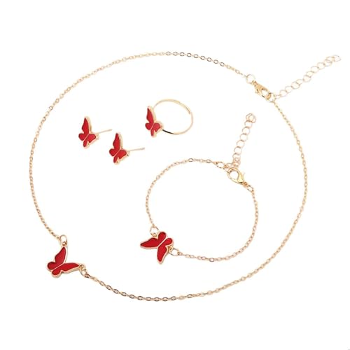 Rebellious 4PCS Butterfly Schmuck Set Halskette Ohrringe Armband & Ringe Anhänger Charm Halschain Geburtstagsgeschenk Für Frauen Stilvolle Frauen Accessoires von Rebellious