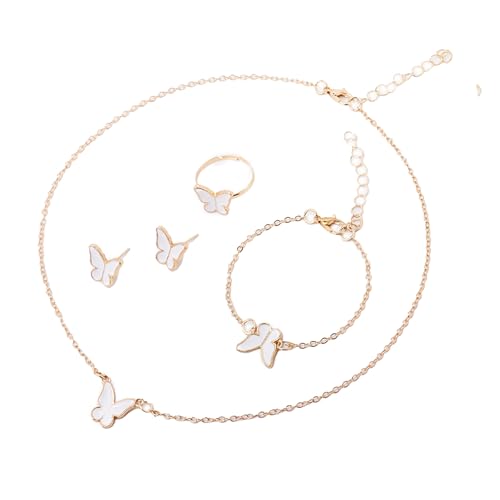Rebellious 4PCS Butterfly Schmuck Set Halskette Ohrringe Armband & Ringe Anhänger Charm Halschain Geburtstagsgeschenk Für Frauen Stilvolle Frauen Accessoires von Rebellious