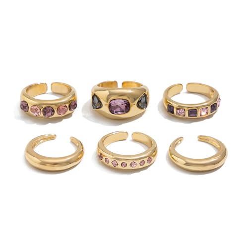 Rebellious Goldfarbe Strasssteine ​​Verstellbare Öffnungsringe Eingelegt Grüne Pfirsichsteine ​​Ringe Für Frauen 6 Stück Schmuck Geschenkkollektion Eingelegtes Zirkonschmuck Set von Rebellious