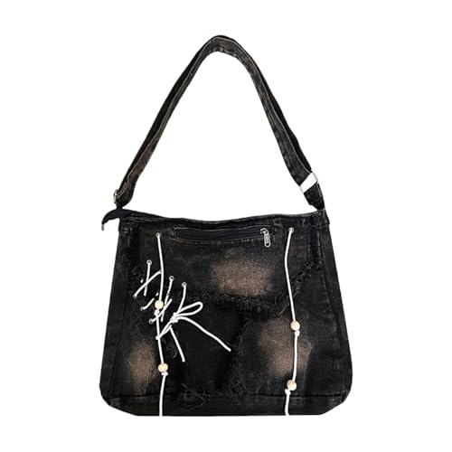 Rebellious Japanisch Gewaschene Denims Umhängetasche Für Modische Tägliche Verwendung Jeans Schnürung Badnages Große Kapazität Crossbody Handtasche Japanisch Wäsche Denims Umhängetasche von Rebellious