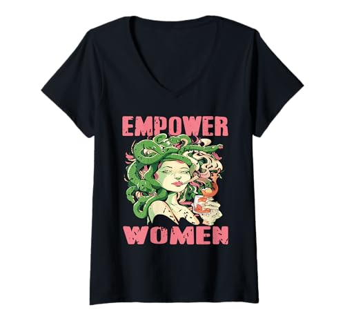 Damen Starke Frauen Medusa Mythos Feminismus Humor T-Shirt mit V-Ausschnitt von Rebellischer Femininer Stil Stärke