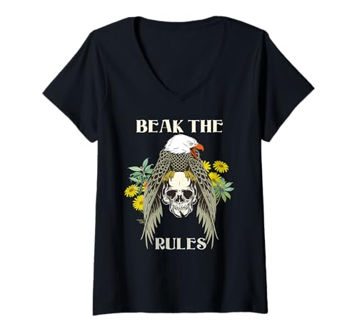 Damen Brich die Regeln Adler Totenkopf Humor Spruch T-Shirt mit V-Ausschnitt von Rebellischer Stil mit Flügeln und Schädel