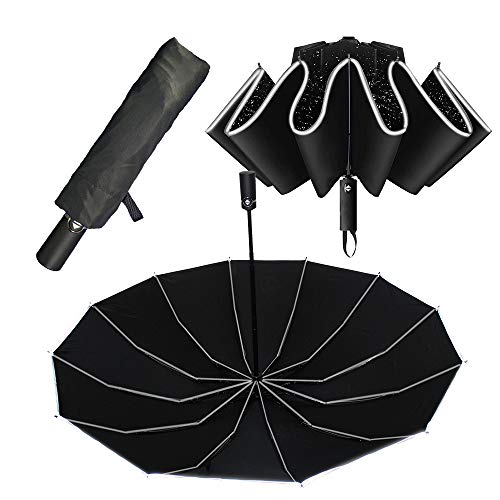 Regenschirm Sturmfest – Extra Stabil Mit 12 Streben - Dank Reverse Folding Zusammenfaltbar Ohne zu Tropfen – Klein Kompakt - Damen Herren Taschenschirm - Auf Zu Automatik – Reflektoren Am Rand von Rebely