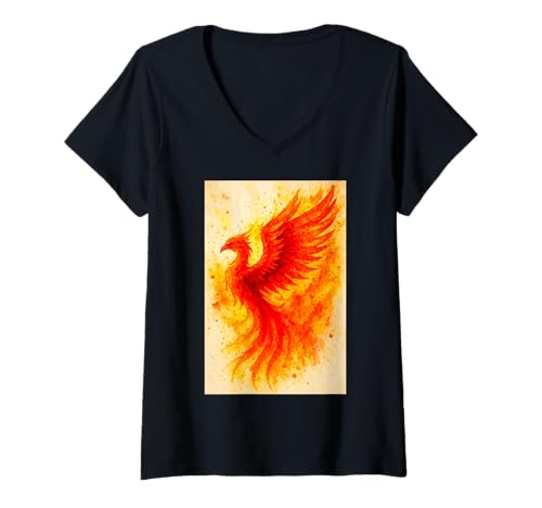 Damen Aufsteigende Flamme Phoenix Aquarellkunst T-Shirt mit V-Ausschnitt Damen Aufsteigende Flamme Phoenix Aquarellkunst T-Shirt mit V-Ausschnitt von RebirthFlame