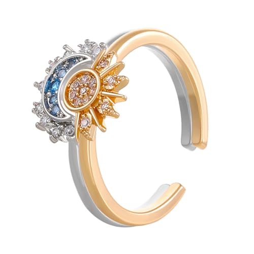 Reccisokz 2 Pièces Freundschaftsringe,Damen Ringe Silber Sonne Und Mond Mädchen Öffnen Einstellbare Stressabbau Diamantringe Analog Zirkonia Gold Ringe Geburtstag Jubiläum Hochzeitsgeschenke von Reccisokz