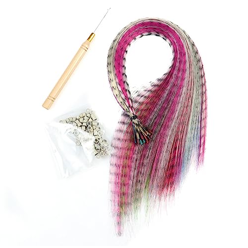 Reccisokz Bunte Feder Haarverlängerungs Set, Kunst haare Extensions Haarsträhnen Kinder, Feder Haarschmuck Haarteil Zange Häkchen mit Perlen Ponytail Braids Extension Haarverlängerungs Clip (30 Stück) von Reccisokz