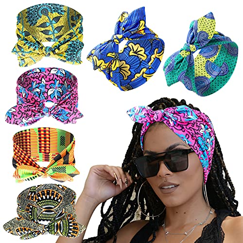 6 Stück afrikanischer Ankara-Druck Motorhaube Beanie Cap vorgebundene Schleife Headwrap Stretch Turban Stirnband Dreadlocks Locs Indien Dread Stirnband Wrap Yoga Haar Bandana Blau Gingko von RechicGu