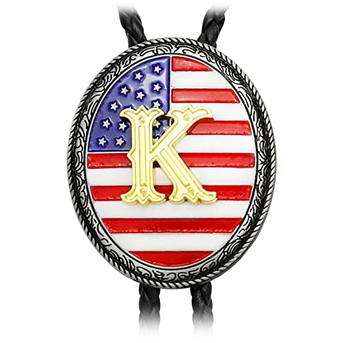 RechicGu Bolo-Krawatte mit Anfangsbuchstabe, handgefertigt, amerikanische Flagge, echtes Leder, Krawatte, Western-Cowboy-Zubehör für Männer und Frauen, K, Medium von RechicGu