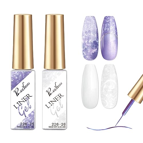 Rechoo 2pcs Gel Liner Nail Polish, 8ml Weiß & Violett Perlschimmer Glitzer Gel Nagellack für Fineliner Nailart, French Manicure Nagellack, Schellack Farbgel mit dünnerem Pinsel für Profis und Anfänger von Rechoo