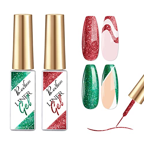 Rechoo 2pcs uv Nagellack Liner Glitzer Christmas, 8ml Rouge&Vert Shinny Gel Liner Nail Polish, Nail Art Painting Gel, Gel Farben Für Nägel Für Nagel Design, Drawing Lines und French Nail von Rechoo