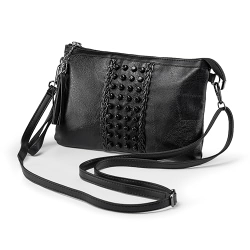 Kleine Umhängetasche Handtasche für Damen Quaste Nieten Clutch Abendtasche Weich Leder Schwarz von LaRechor