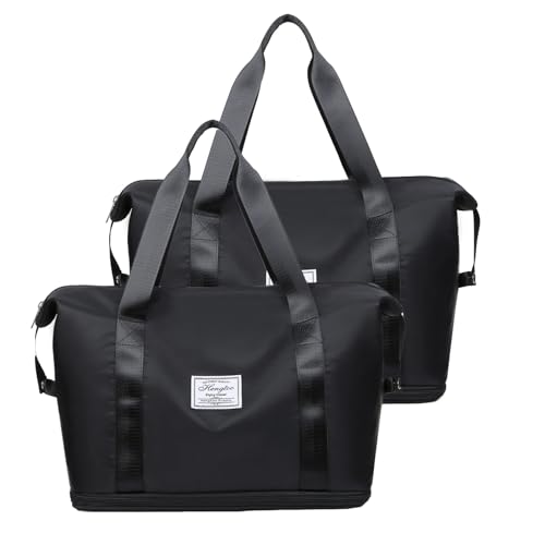 Groß Sporttasche für Herren und Damen Faltbare Reisetasche Weekender Carry On Workout Wasserdicht Sport Bags mit Nassfach Leicht Sporttasche Damen für Fitnessstudio Reise (Schwarz 2 Pcs) von Recitem