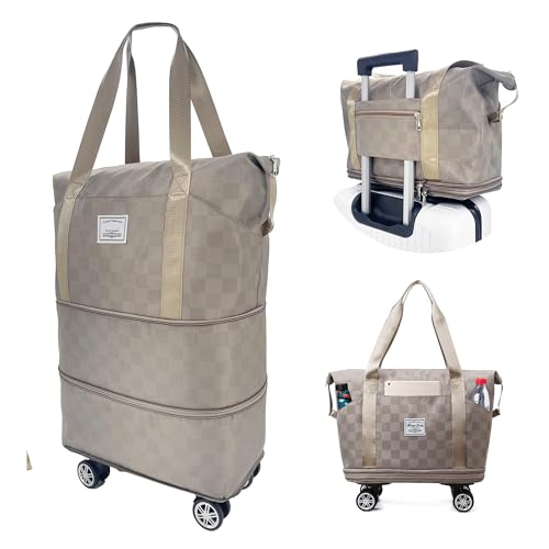 Groß faltbar Reisetasche mit Rollen - faltbar abnehmbare Rollräder, Handgepäck Tasche, Koffer Stoff, Weekender Damen, ideal für Reisen, Camping, Geschäftsreise - Checkerboard Wochenendtasche (Khaki) von Recitem