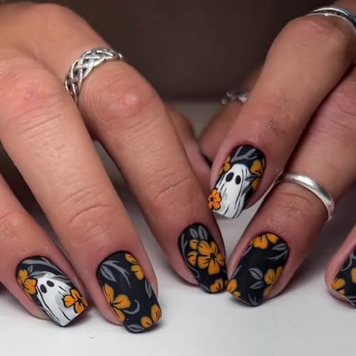 Halloween Press on Nails | Kurze quadratische künstliche Nägel mit niedlichem Geisterdesign und gelben Blumen | Matte schwarze Full-Cover Nägel | Nagelkunst DIY für Frauen (Stil 1, M) von Recitem