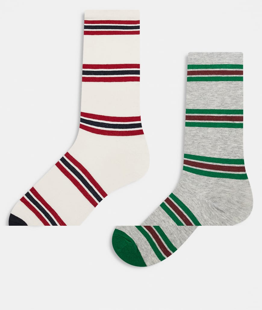 Reclaimed Vintage - 2er-Pack Knöchelsocken in Weiß mit roten Streifen und in Grau mit grünen Streifen-Bunt von Reclaimed Vintage