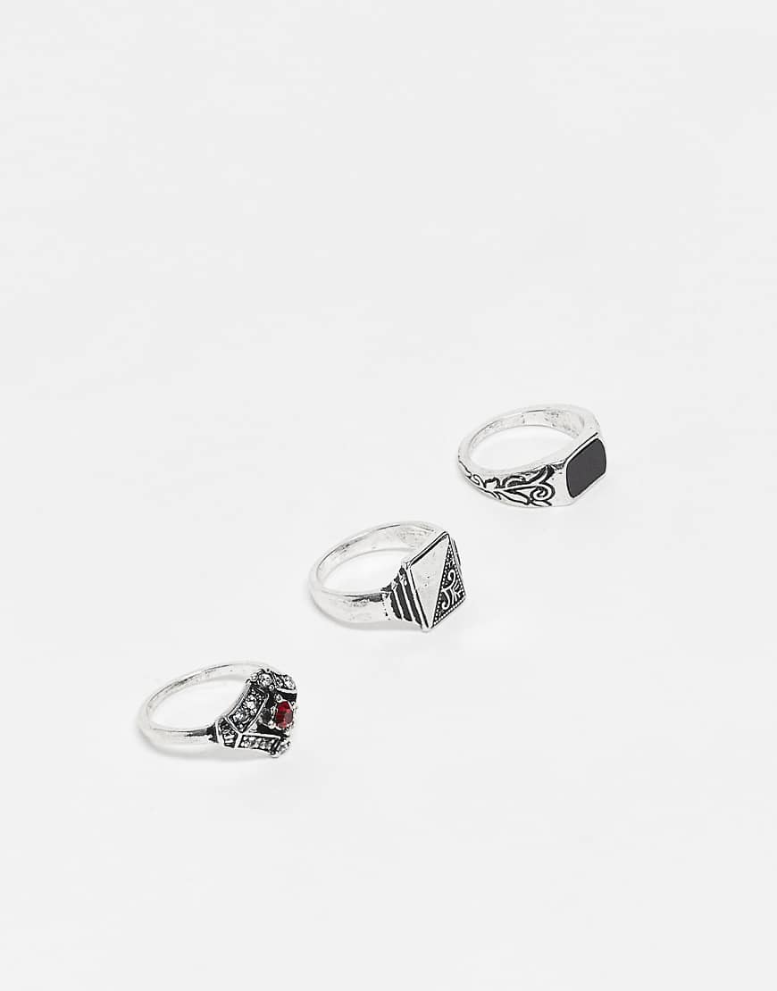 Reclaimed Vintage - 3er-Set Unisex-Ringe in polierter Silberoptik mit Kunststeinen-Goldfarben von Reclaimed Vintage