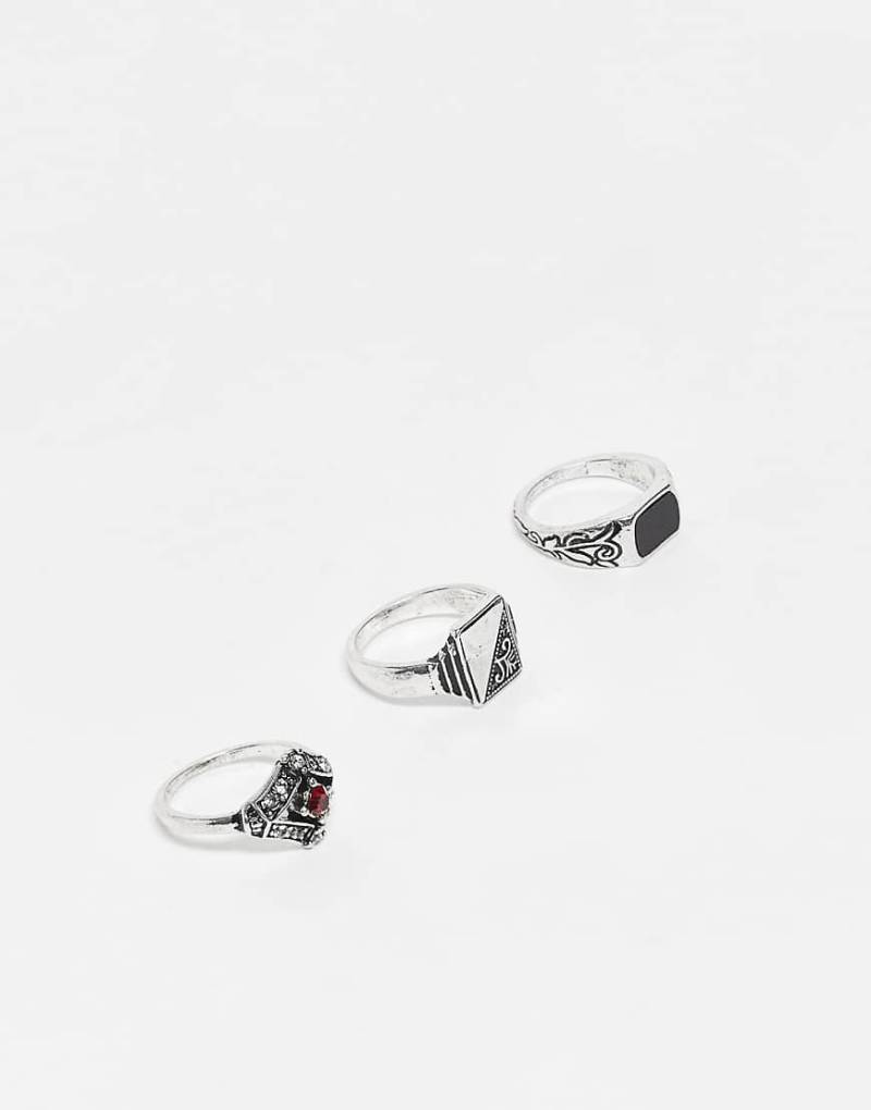 Reclaimed Vintage - 3er-Set Unisex-Ringe in polierter Silberoptik mit Kunststeinen-Goldfarben von Reclaimed Vintage