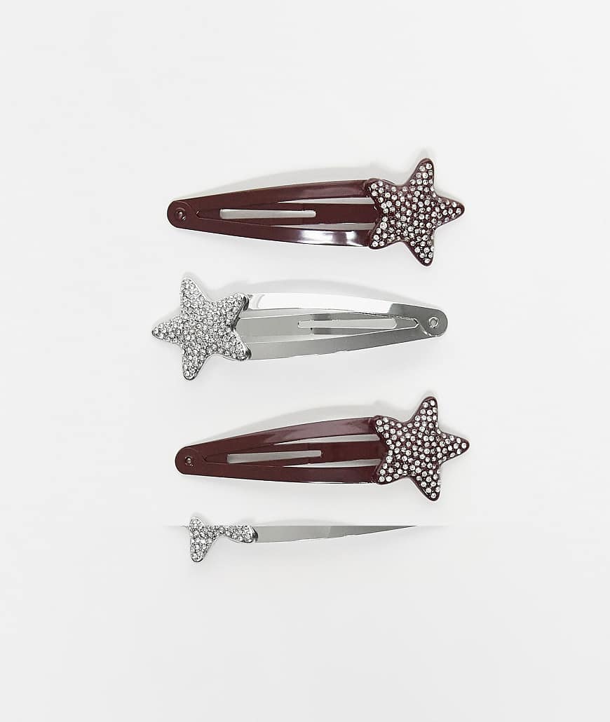 Reclaimed Vintage - 4er-Pack Haarklammern in Schwarz und Rot mit Sterndetail-Bunt von Reclaimed Vintage