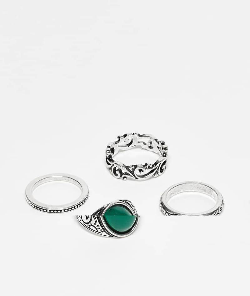 Reclaimed Vintage - 4er-Pack Unisex-Ringe in Silber mit grünem Schmuckstein von Reclaimed Vintage