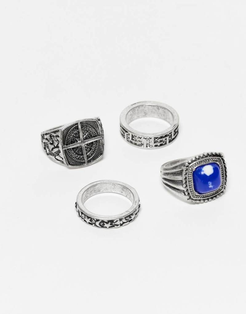 Reclaimed Vintage - 4er-Pack Unisex-Ringe in Silberoptik mit blauem Kunststein von Reclaimed Vintage