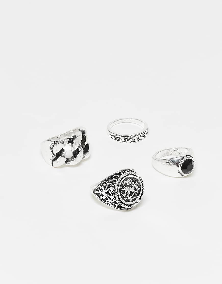Reclaimed Vintage - 4er-Pack Unisex-Siegelringe im Grunge-Design in gebürsteter Silberoptik von Reclaimed Vintage