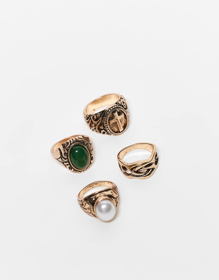 Reclaimed Vintage - Unisex-Ring-Set im Grunge-Design in Antikgold-Optik mit Kunststein-Silber von Reclaimed Vintage