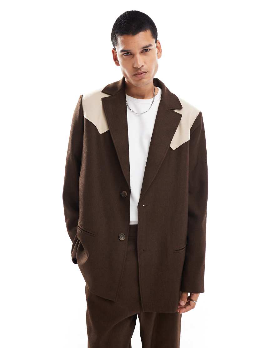 Reclaimed Vintage - Anzugblazer in Braun mit Patchwork-Muster im Western-Stil von Reclaimed Vintage