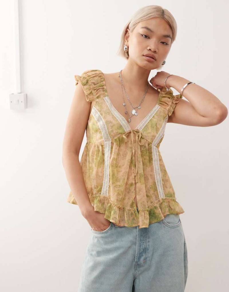 Reclaimed Vintage - Gesmoktes Babydoll-Oberteil mit Spitze und Paisleymuster-Bunt von Reclaimed Vintage