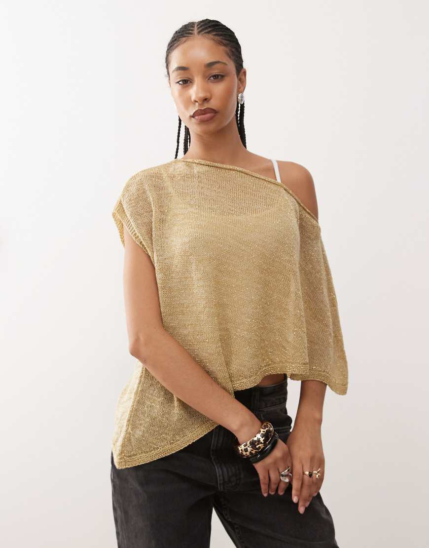 Reclaimed Vintage - Gestrickter Metallic-Poncho in Steinbeige und Gold-Neutral von Reclaimed Vintage