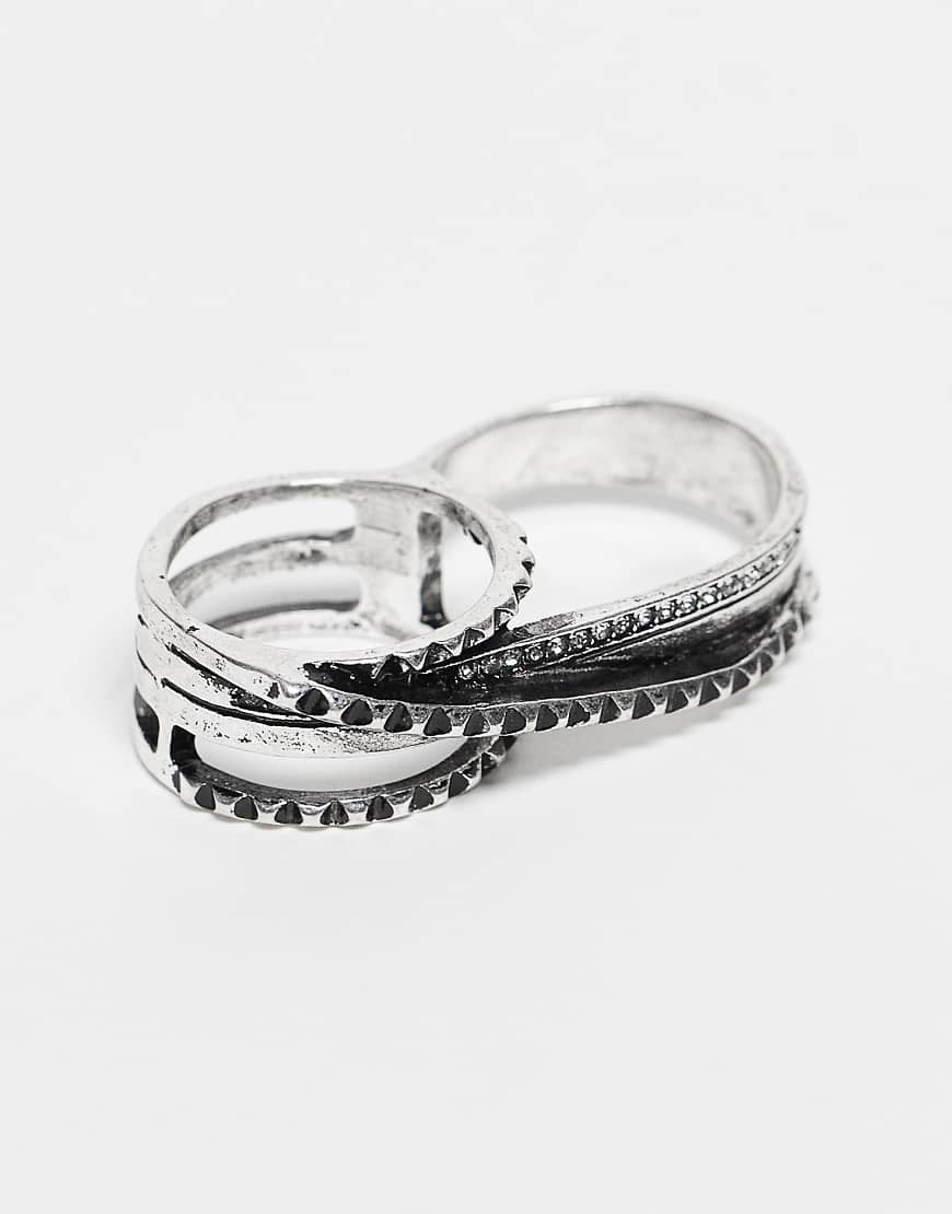 Reclaimed Vintage - Halloween - Doppelter Unisex-Ring in geschwärzter Silber-Optik mit Federdetail von Reclaimed Vintage