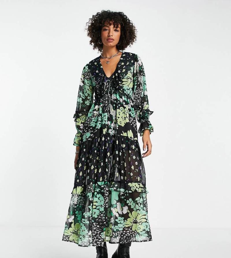 Reclaimed Vintage Inspired - Maxikleid in Dunkelgrün mit geteiltem Blumenmuster-Bunt von Reclaimed Vintage