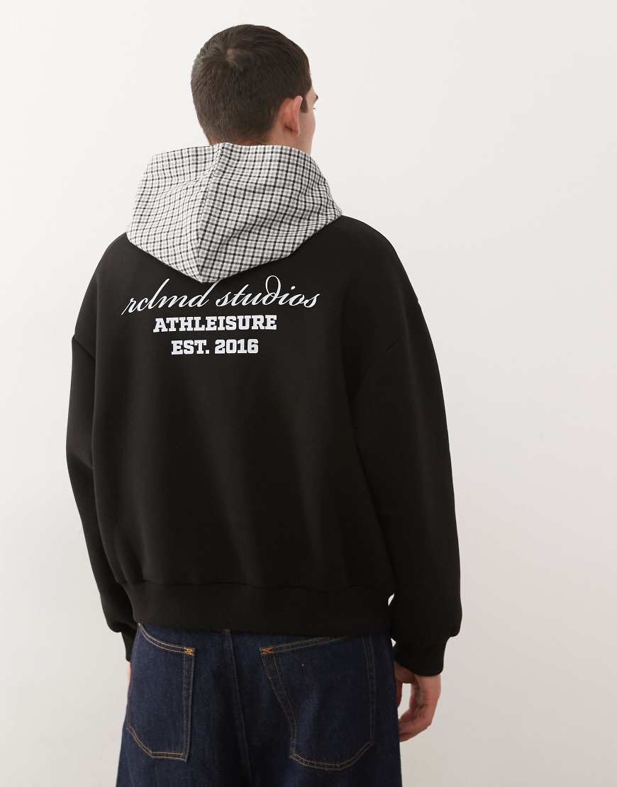 Reclaimed Vintage - Kapuzenpullover aus schwerem Stoff in Schwarz mit karierter Kapuze aus Webstoff und Rückenprint von Reclaimed Vintage