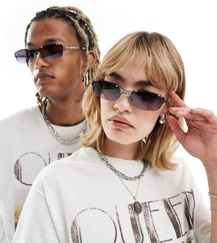 Reclaimed Vintage - Limited Edition - Rahmenlose Unisex-Sonnenbrille in Graphitgrau mit Details im Piercing-Look-Schwarz von Reclaimed Vintage