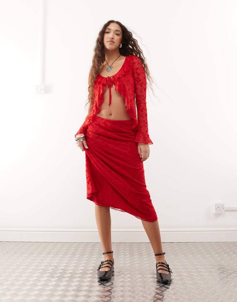 Reclaimed Vintage - Midirock aus beflocktem Netzstoff in Kirschrot, Kombiteil von Reclaimed Vintage